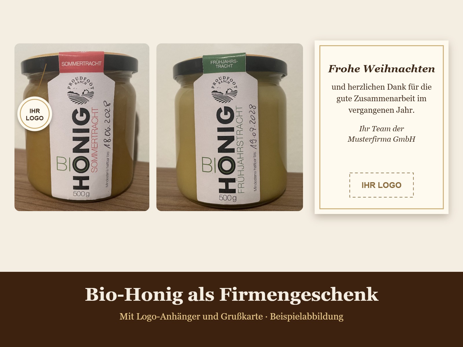 Beispielabbildung: Bio-Sommertracht- und Frühtrachthonig der Proudfoot Ranch mit Logo-Anhänger und Grußkarte